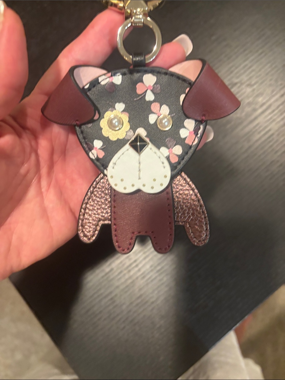 Kate Spade Floral Dog Keychain Charm in Burgundy and Black